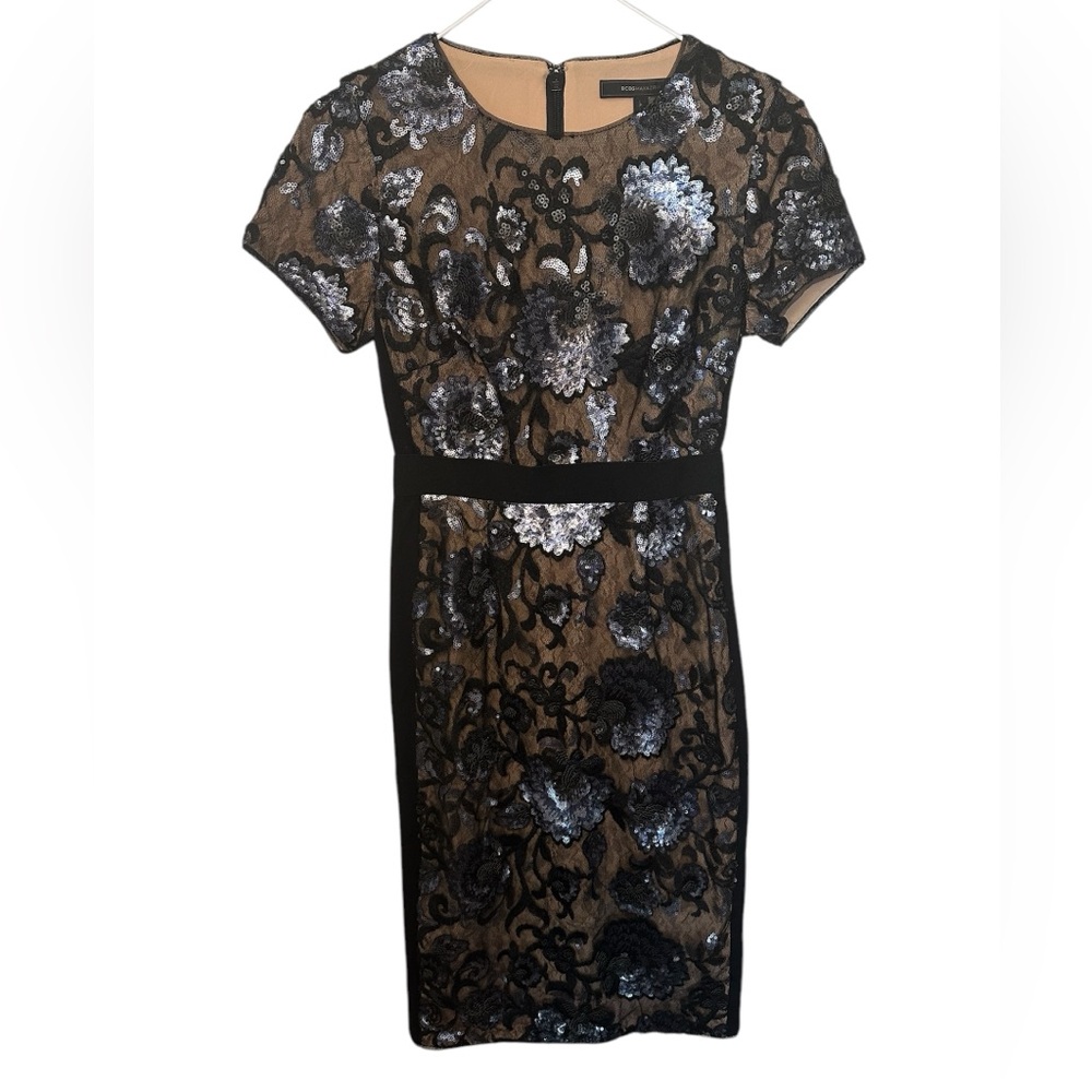 BCBG Maxazria Elegant Formal Evening Dress Black Lace with Nude Underlay Size 0